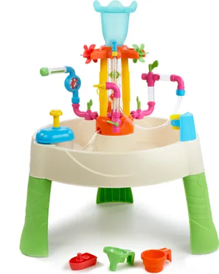 A colorful water play table for children, with various tubes, funnels, and water wheels.