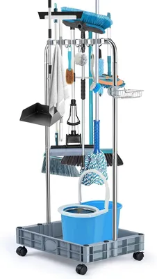 Productafbeelding van Bezem Houder Organizer - Opbergkast Mop Rack - Schoonmaak Gereedschap Opslag - Roestvrij Staal