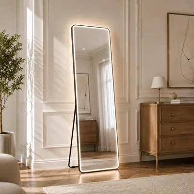 LED-Wandspiegel 160x50 cm, Alu-Rahmen, 3 Lichtfarben, dimmbar, schwarz