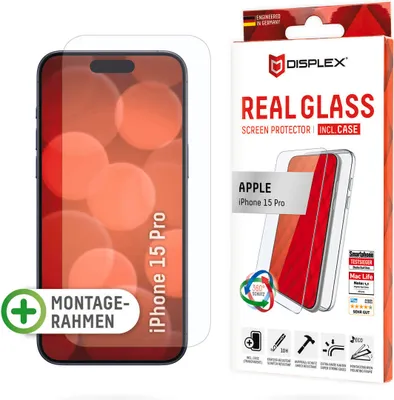 Produktbild von Displex Panzerglas + Schutzhülle für Apple iPhone 15 Pro, Eco-Montagerahmen, kratzer-resistent, Apple, iPhone 15 Pro, Trockene Anwendung, Schlagfest, Kratzresistent, Staubresistent, Transparent, 1 Stück(e)