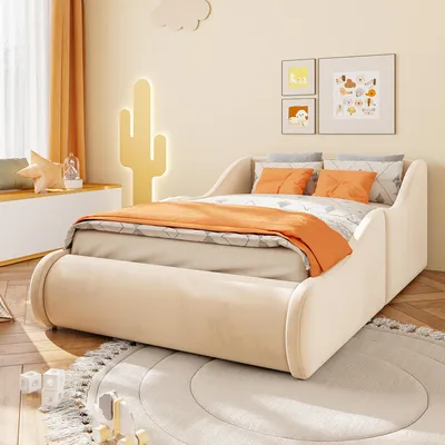 Obrázek produktu pro Postel STILVORA, 90x200 cm, s vysokým čelem, dětská postel s bočními zábranami, jednolůžko potažené sametem, barva béžová