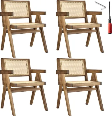 Image de Chaise de salle à manger LISSY avec cannage viennois au style bohème - Chêne clair, Lot de 4