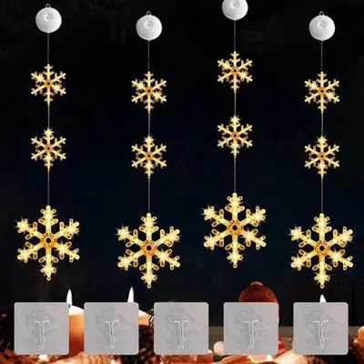 Produktbild von 4 Stück Schneeflocken mit Batterienetzteil, LED Schneeflocken, Weihnachtsdekoration, Fenster mit Saugnapf, Weihnachtsbeleuchtung, Schneeflocke mit Saugnapf, Weihnachtsschneeflocke mit Saugnapf