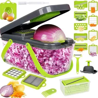 Zdjęcie produktu dla Ibenzoa® Wielofunkcyjny nóż do warzyw 20 w 1, wyposażony w 12 wymiennych ostrzy ze stali nierdzewnej, pojemnik na pokrojone warzywa o pojemności 2,4 L, wykonany z ABS, do krojenia i obierania, nie nadaje się do mycia w zmywarce