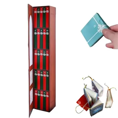 A collage of product images showing an advent calendar shaped like a book, a small gift box, and miniature books.