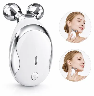 Produktbild von Gesichtsroller V-Line mit Doppelrollen, 3 Intensitätsstufen, Mikrostrom & Vibration, elektrisches Gesichtsmassagegerät, Weiß