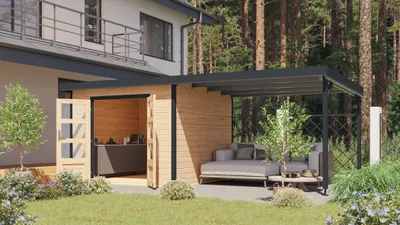 Produktbild von Karibu Gartenhaus Hybridhaus Metall Pluto 6 im Set mit Anbaudach ca. 3 m breit naturbelassen 574x271x218,5 cm