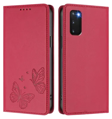 Produktbild von Lederhülle für Samsung Galaxy S20 5G, Schmetterling Prägung Leder Brieftasche Schutzhülle mit Ständer Rot