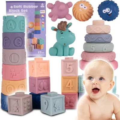 Immagine prodotto di Malplay blocchi sensoriali morbidi 27 pezzi baby abilità motorie cubi torre impilabile giocattolo educativo per bambini dai 6 mesi regalo