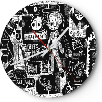 Produktbild von Wanduhr - Rund - Glasuhr - Graffiti modern - 40x40cm - Schleichendes Uhrwerk - Lautlos - zum Aufhängen bereit - Dekoration Modern - Wanddekoration aus Glas - C3AR40x40-3587