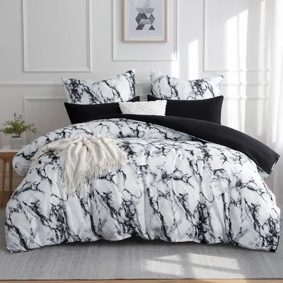 Zdjęcie produktu dla Komplet pościeli 200x220 cm, 3-częściowy, marmur, czarny, mikrofibra, zawiera 2 poszewki na poduszki 80x80 cm, nie wymaga prasowania