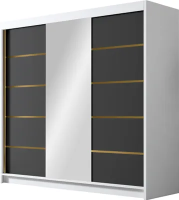 Produktbild von MIRJAN24 Schiebetürenschrank mit Spiegel Evo VI, Kleiderschrank mit Kleiderstange, mit drei Schwebetüren, Garderobe (Farbe: Weiß / Schwarz)