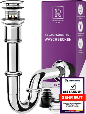 Produktbild von M. ROSENFELD HOME Siphon Waschbecken – Universal Röhrensiphon 1 1/4" für Waschtisch im Bad, Geruchsverschluss mit Abflussrohr, Komplettset mit Dichtungen & Rosette