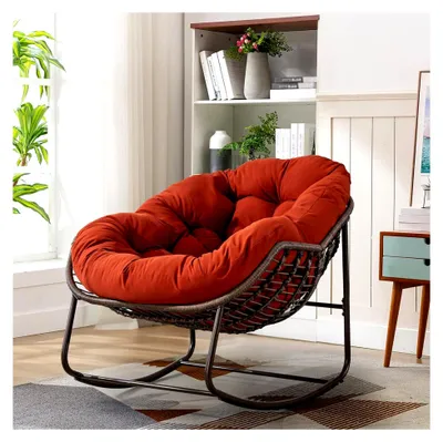 Produktbild von Schaukelstuhl für Innen- und Außenbereich mit dickem Kissen – Patio-Papasan-Schaukelstuhl, 30° Schaukelbewegung, Tragkraft bis zu 117 kg, für das Wohnzimmer, Orange