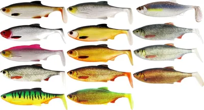 A collage of various artificial fish lures in different colors and patterns, arranged in rows.