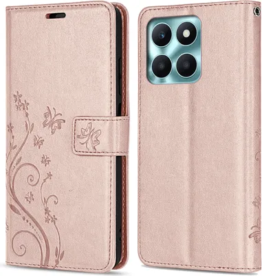 A rose gold flip cover wallet case for a phone, shown from the front and back.
