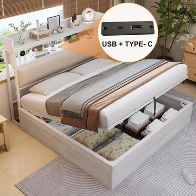 A bed with its storage compartment open, showing items stored inside. A close-up inset highlights USB and Type-C ports.