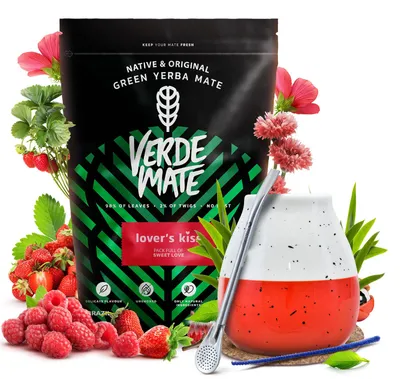 Produktbild von Verde Mate - Mate Tee Lover's Kiss 400g - Yerba Mate Dicke Blätter 5mm - Mate Becher Keramik Toro 350ml - Bombilla Edelstahl - Luftgetrocknet, Mild