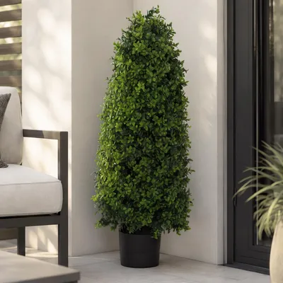 Zdjęcie produktu dla Sztuczny bukszpan HWC-Q89, bukszpan Buxus w doniczce, drzewko dekoracyjne, sztuczna roślina, stożek, realistyczny wygląd, wiecznie zielone, do użytku na zewnątrz, 90 x 35 x 35 cm