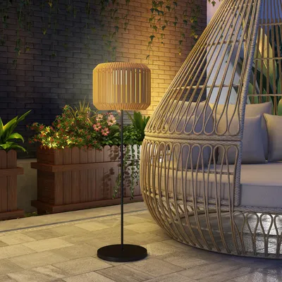 Image de Grande lampe de jardin solaire aspect rotin, lampadaire d'extérieur à énergie solaire avec LED et capteur crépusculaire, rotin PE et acier, jaune | Ø 34 x 130 cm | 15 lm | IP44