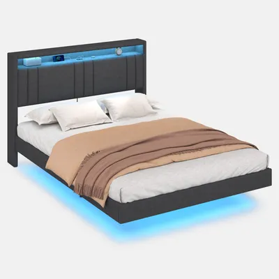 Produktbild von AODEMOKO Bett Bettgestell 140x190cm, Bettrahmen mit LED-Beleuchtung, Leinenstoff Grau