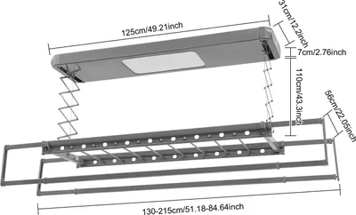 Produktbild von Elektrischer Wäscheständer - Deckenmontierter Wäschelift - 220V - Fernbedienung - Ausziehbar und klappbar - LED-Licht - Bis 35 kg - Edelstahl - Grau