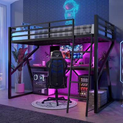 A loft bed with a desk and gaming chair setup, illuminated by purple and blue LED lights.