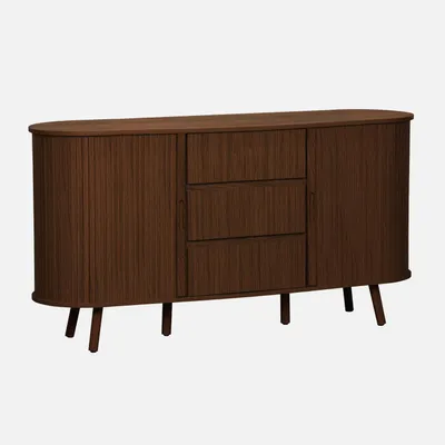 A wooden buffet with three drawers and two sliding doors, presented on a white background.