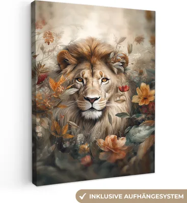Produktbild von Wanddeko 30x40 cm - Tiere - Löwe - WildPflanzen - Natur - Blumen, Deko Wohnzimmer, Bilder, Wanddeko