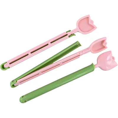 Produktbild von Tulpenform Beutelclips mit magnetischer Aufbewahrungsbox, 5er Set, ABS-Material, für Snacks, Lebensmittelverpackungen, Feuchtigkeitsschutz, 14x9.5x5cm