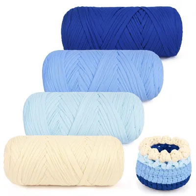 Image de Fil à tricoter pour t-shirt, dégradé de bleu, 4 pelotes de 200g, 100% polyester, épaisseur 2 cm