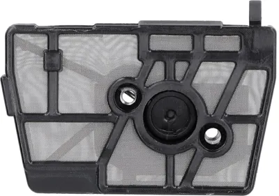 A close-up, top-down view of a black air filter with a mesh screen.