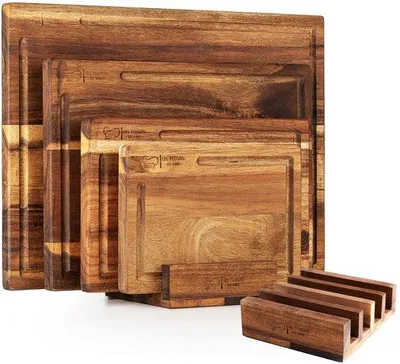 Produktbild von Famanu Schneidebrettset 4-teilig, Akazienholz mit Halter, Saftnute und 2 cm dick