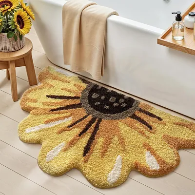 Image de Tapis de bain 51 x 91 cm, antidérapant, absorbant, motif tournesol, motif floral, lavable, pour la douche, la chambre à coucher, la chambre d'enfant, jaune