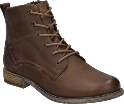 A single brown leather boot is shown against a white background.