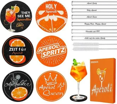 Zdjęcie produktu dla Zestaw upominkowy Aperol Spritz zawierający 14 sztuk, 6 szklanych słomek Aperol i 6 słomek Riet, 20 cm, szczoteczki do czyszczenia, idealny prezent dla dziewczyny, mężczyzny lub kobiety