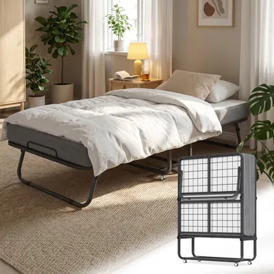Image de Lit pliant ROSEJANE 90x200 cm avec matelas en mousse à mémoire de forme de 13 cm – Lit d'appoint pliable pour adultes, structure métallique supportant jusqu'à 200 kg, lit pliant avec roulettes et frein de blocage, gain de place