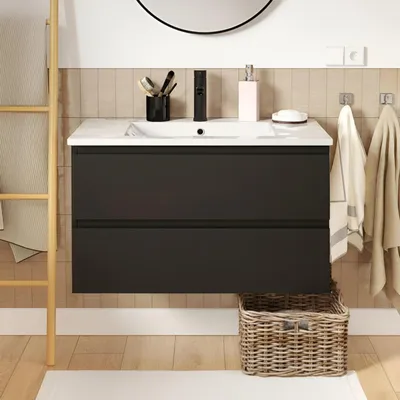 Image de Meuble simple vasque 80cmReproduction chêne SORRENTO avec vasque et robinet