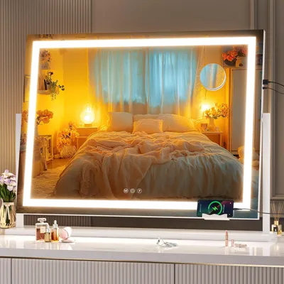 LED-Make-up-Spiegel 32x24 Zoll, 10x Vergrößerung, Touch, 3 Farben, USB