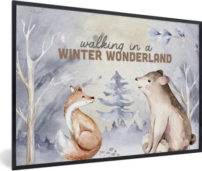 Produktbild von MuchoWow® Gerahmtes Poster Winter - Fuchs - Bär - Schnee 90x60 cm - Poster mit Schwarzem Bilderrahmen Wandposter Rahmen Foto Bilder - Fotorahmen - Foto-Plakat
