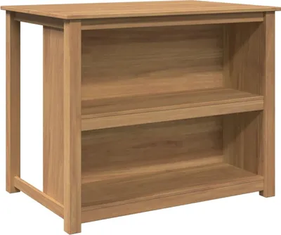 A wooden bookshelf with two shelves against a white background.