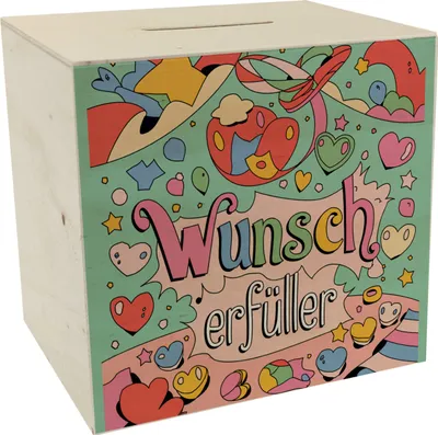 Produktbild von Wunsch Erfüller Spardose aus Holz in pastellfarben