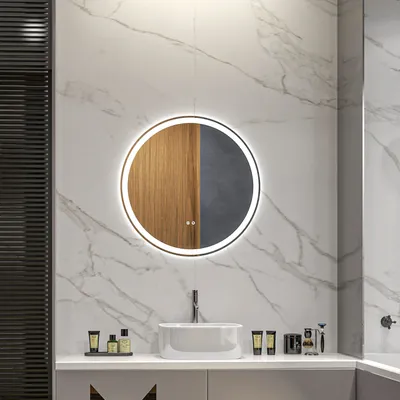 Produktbild von Badspiegel mit LED Beleuchtung, Ø 60 cm Leuchtspiegel mit Touch-Funktion, Memory-Funktion beschlagfrei mit Alurahmen