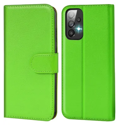 A bright green book-style phone case is shown from the front and back.