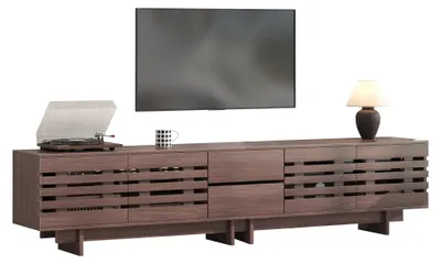 Obrázok produktu pre Nízky TV stolík – pre televízory do 203 cm – 4 skrinky s dvierkami – 2 zásuvky – 6 odkladacích priestorov – farba orecha – 200 x 39,5 x 55 cm
