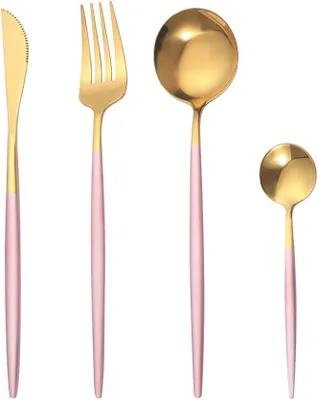 Imagen del producto de Juego de cubiertos, de 8 piezas, en acero inoxidable, con acabados en dorado y rosa, para 2 personas, ideal para una mesa elegantemente servida