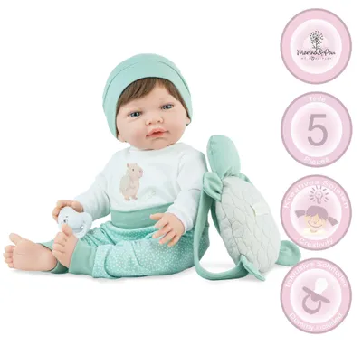 Puppe Mila mit Produktinformationen, inklusive 5-teiligem Set, Schnuller und Zubehör.