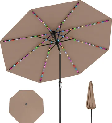 Immagine prodotto di Ombrellone COSTWAY 300 cm con illuminazione solare a LED, 9 modalità e manovella, ombrellone da giardino pieghevole a 35° su entrambi i lati, ombrellone da patio, ombrellone da mercato marrone