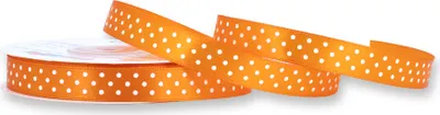 Einseitiges, glänzendes oranges Satinband mit weißen Punkten auf Rolle.  Perfekt für Bastelprojekte und Geschenkverpackungen