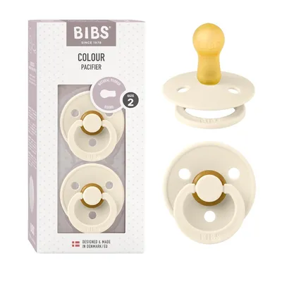 Zdjęcie produktu dla Smoczek BIBS Colour, zestaw 2 szt., bez BPA, symetryczna końcówka. Kauczuk naturalny / lateks, wyprodukowany w Danii, rozmiar 2 (6–18 miesięcy), kolor kości słoniowej